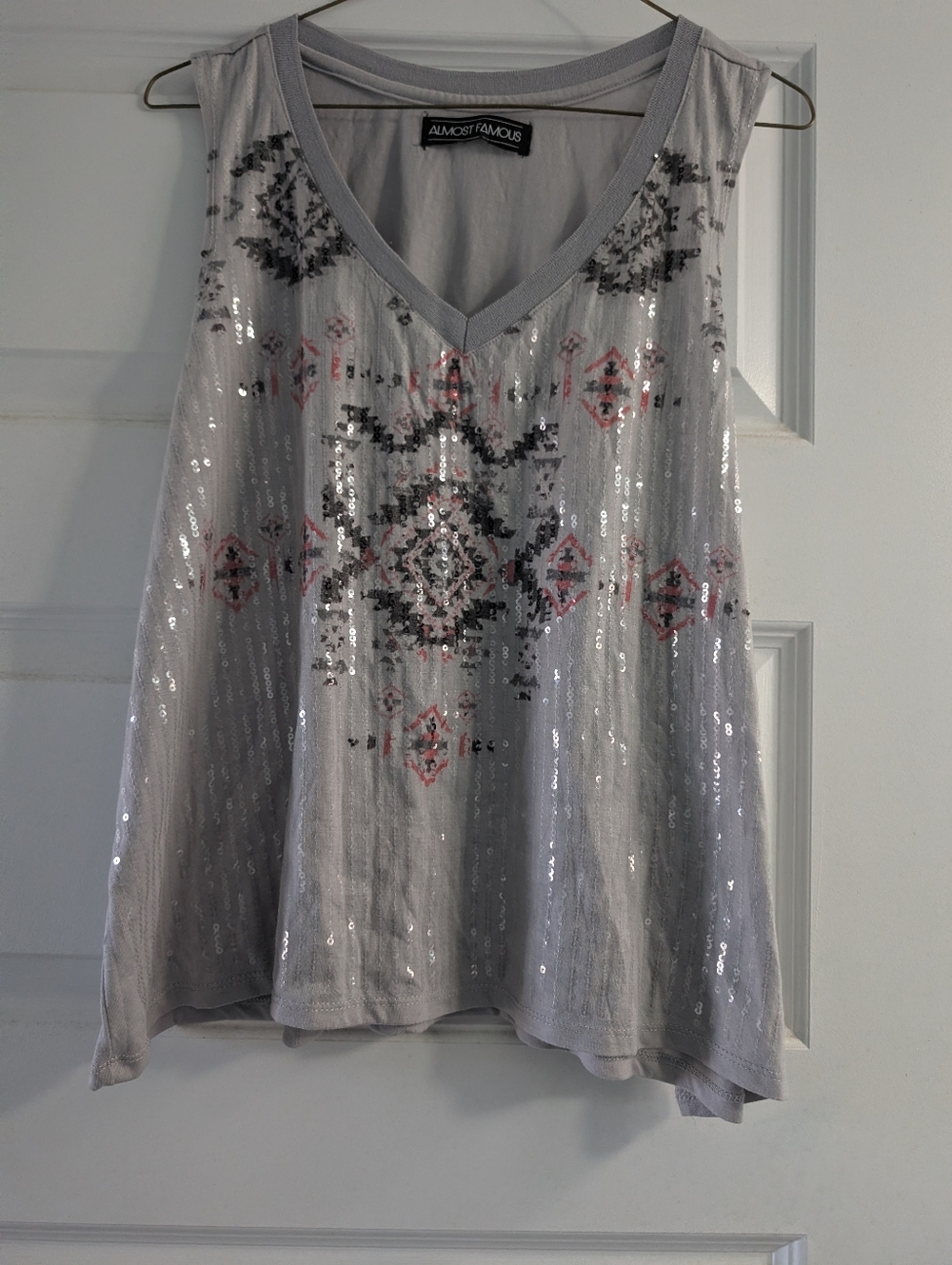 Almost Famous Silver Sequin Aztec-Print V-Neck Tank